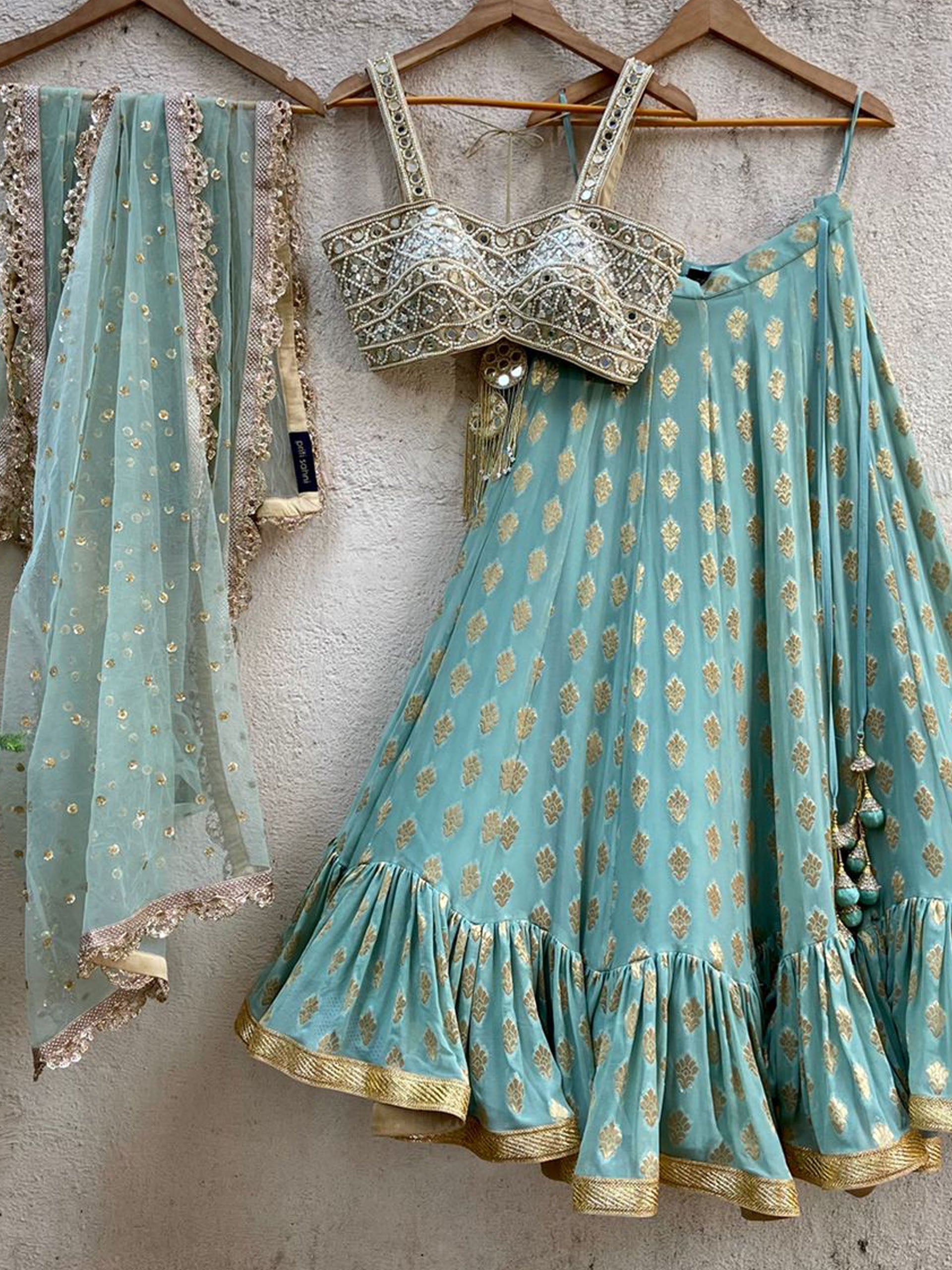 Ocean Green Lehenga Set with Mirror Bustier image 0