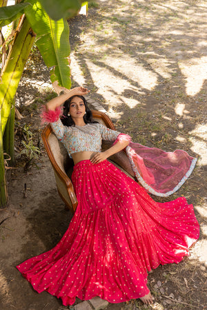 Coral Flair Sleeve Georgette &amp; Net Embroidered Lehenga Set image 1