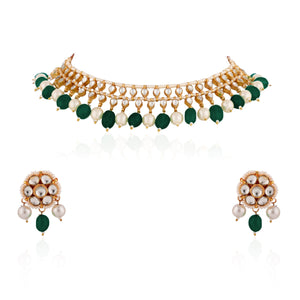 Green Beads And White Peal Choker Set image 3