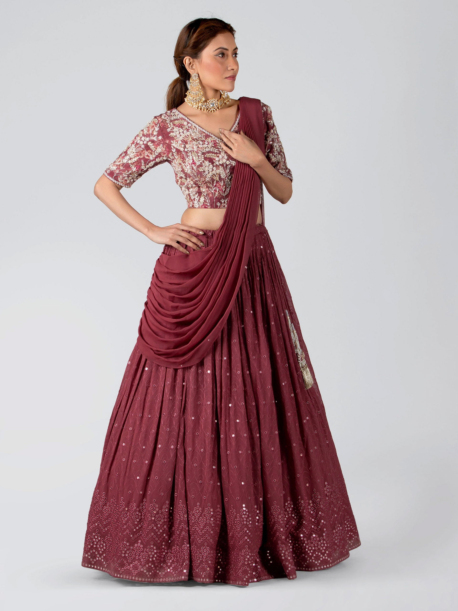 Pre Drape Mauve Lehenga Set image 3