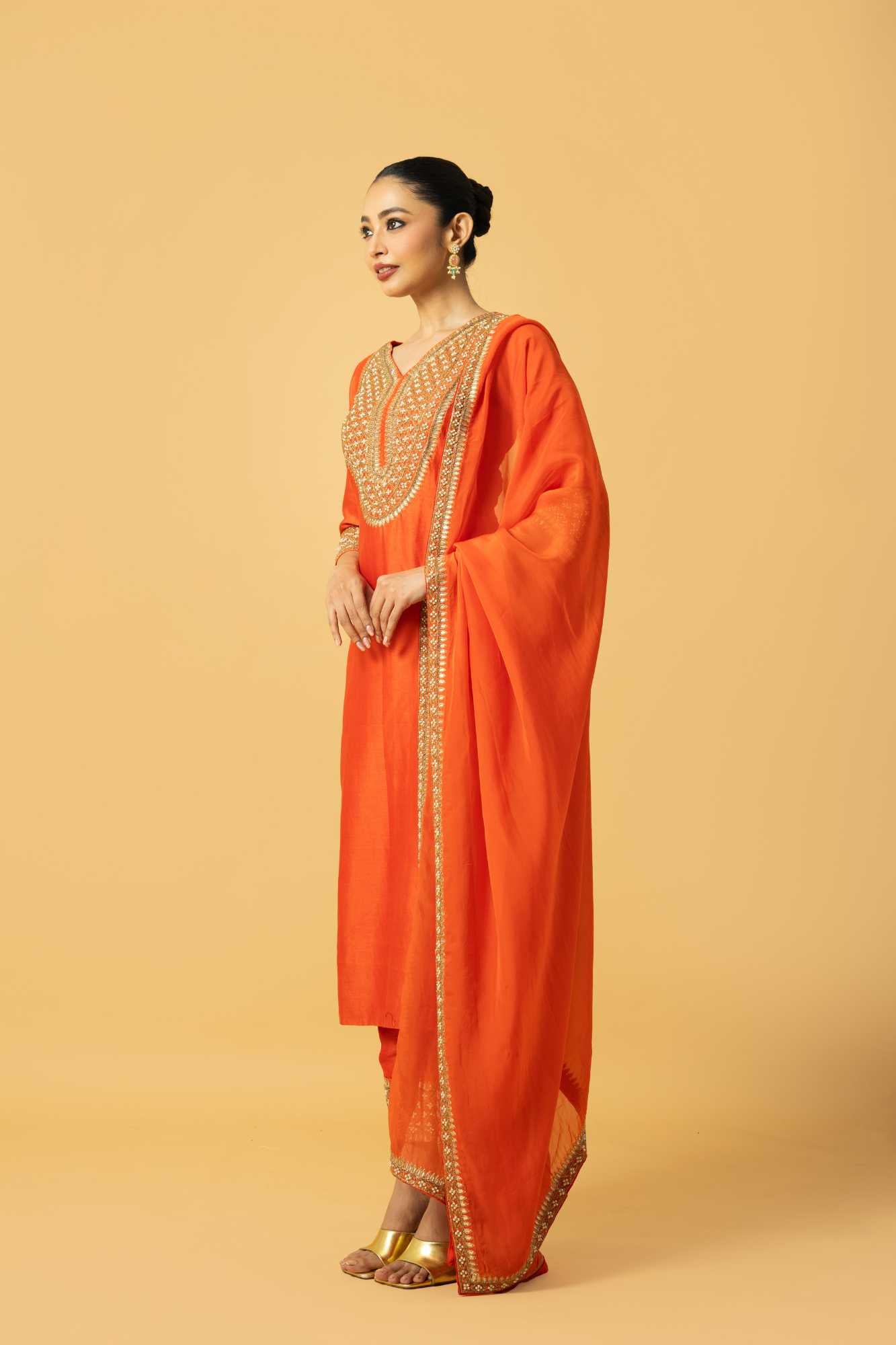 Orange Chanderi Silk 3 Quarter Sleeve Kurta image 1