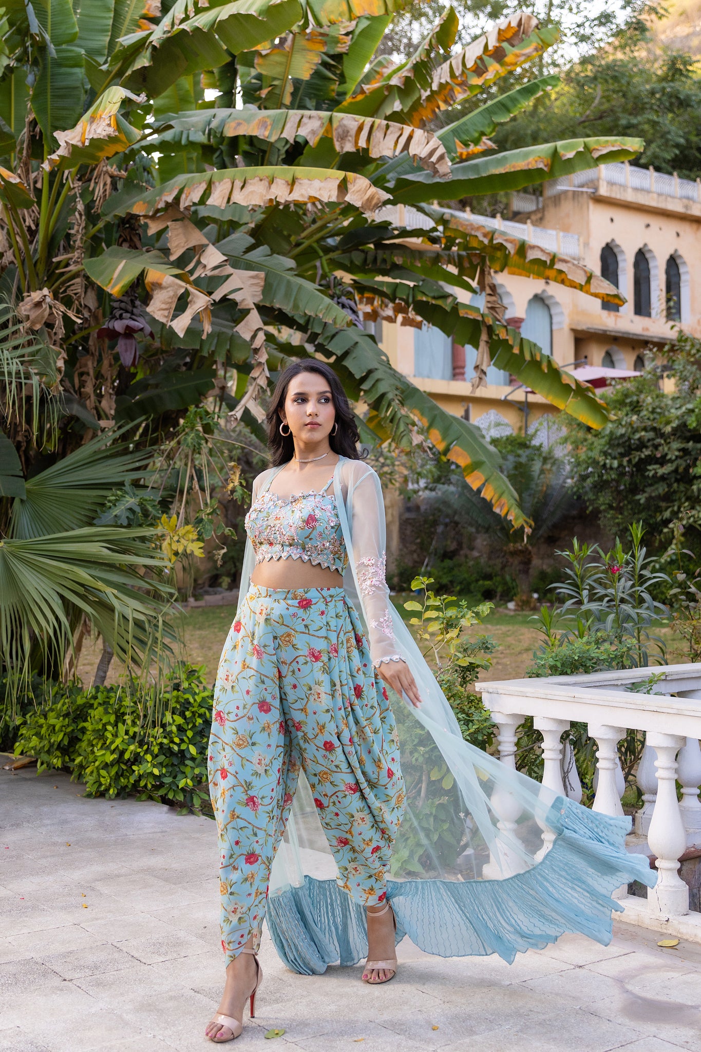 Light Blue Floral Georgette Hand Embroidered Jacket Set - S image