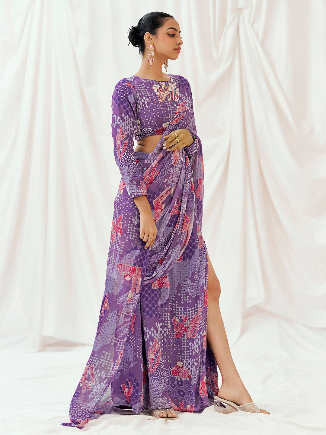 Violet Printed Embroidered Drape Saree Set image 5