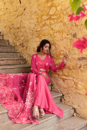 Pink Georgette Flared Pants &amp; Jacket Set image 5