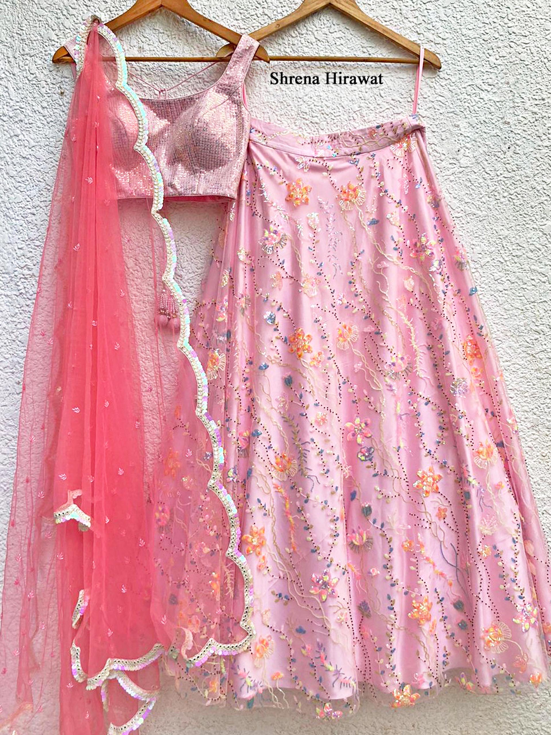 Pink Floral Multi Sequins Lehenga Set - L image