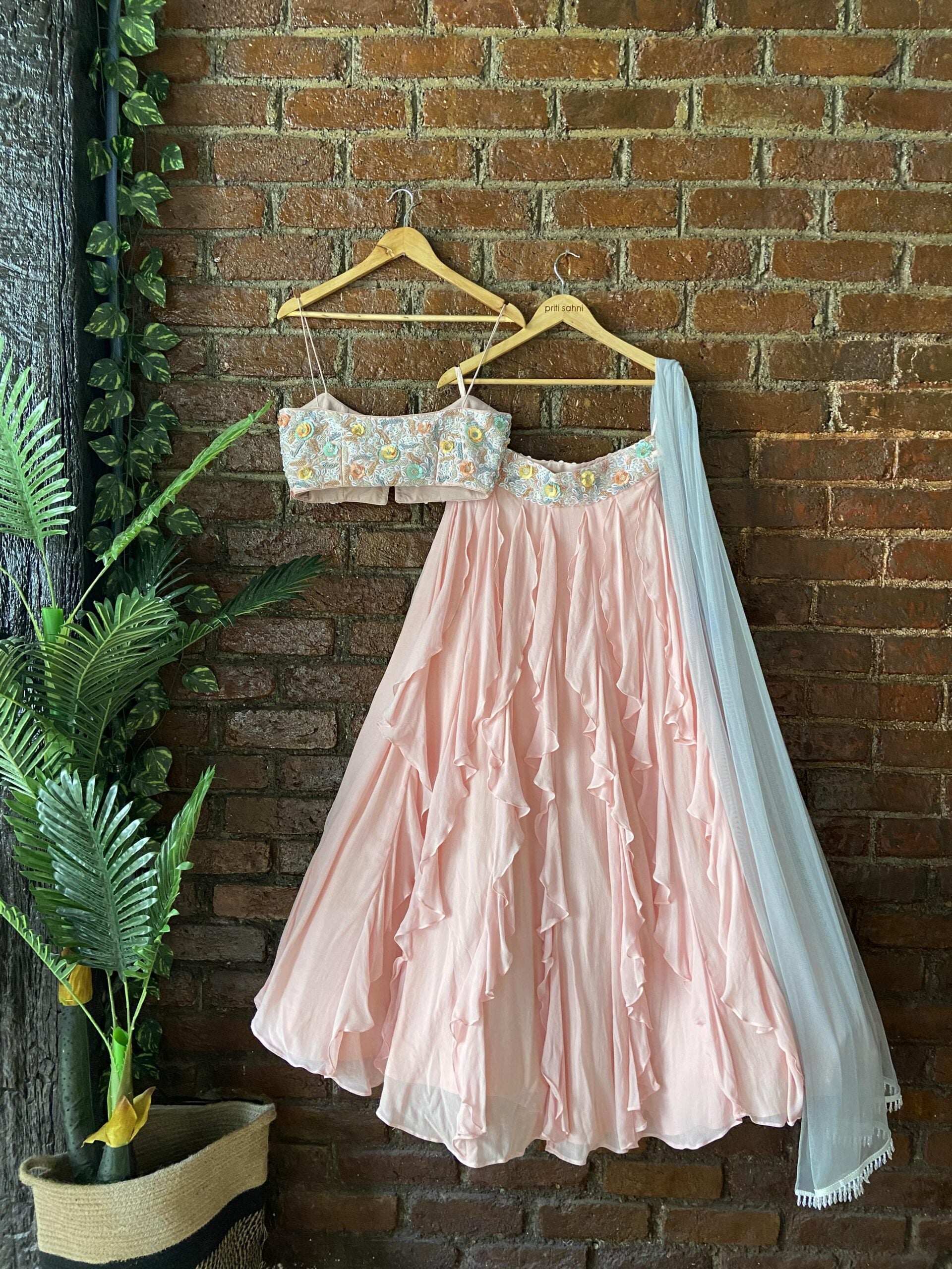 Powder Pink And Grey Ruffle Lehenga Set image 4