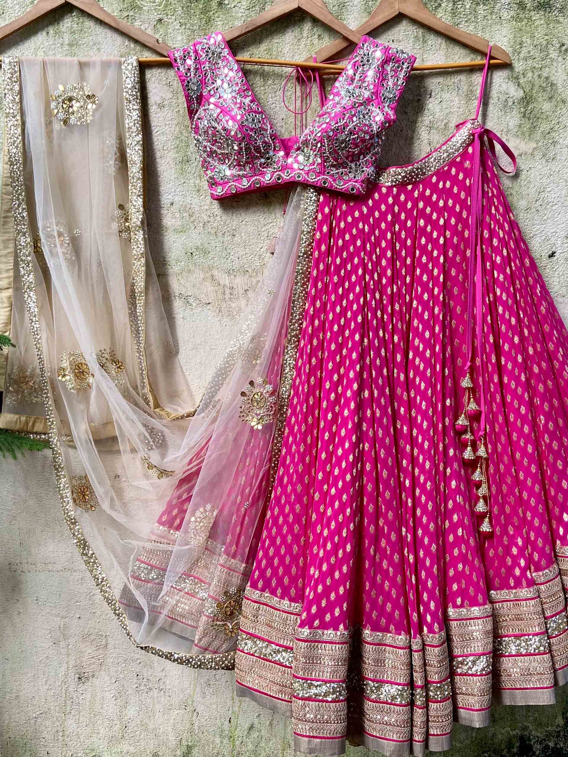 Fuchsia Mirror Zari Lehenga Set - M image