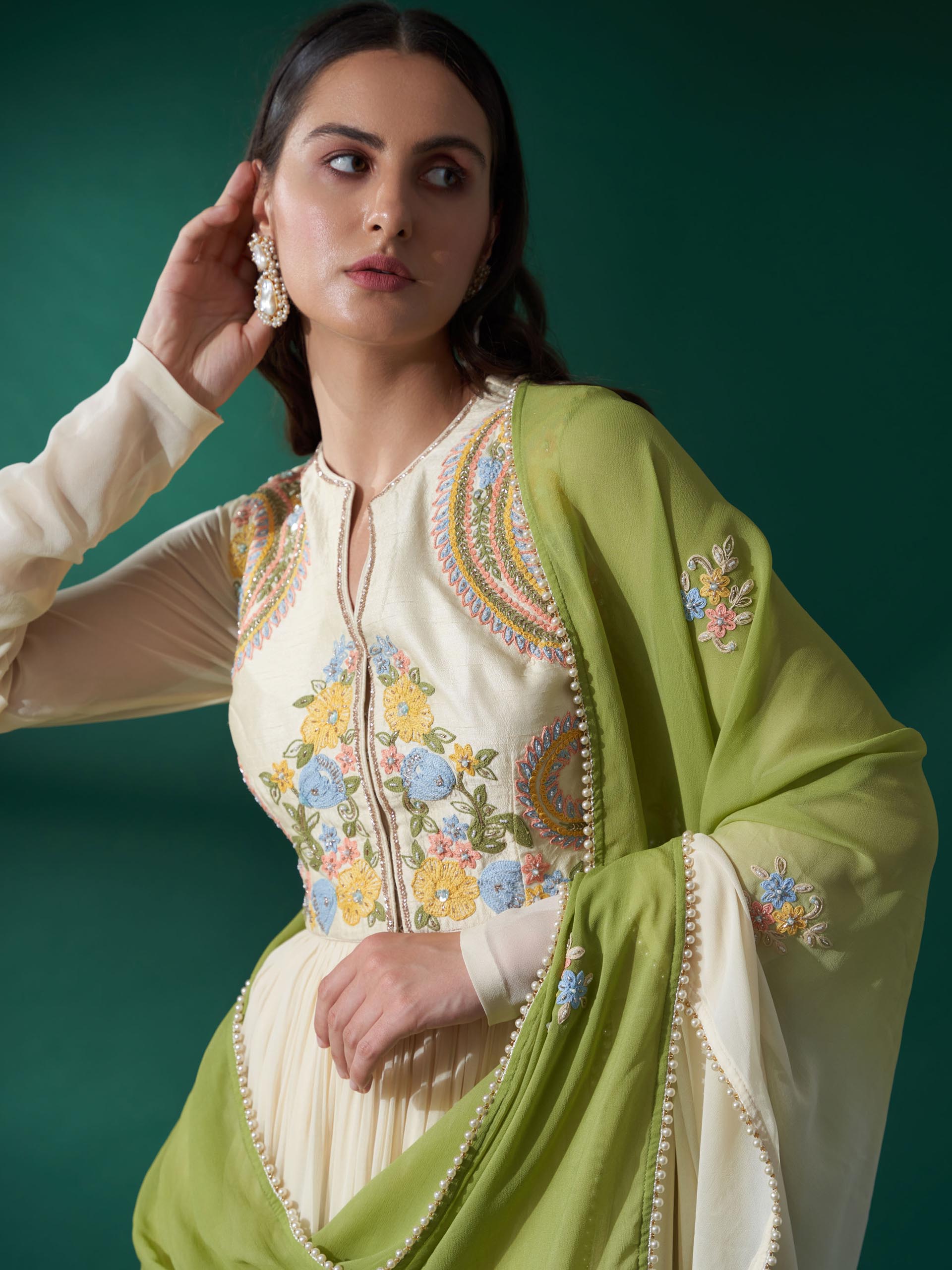 Cream Green Koti Jacket Anarkali Set image 1