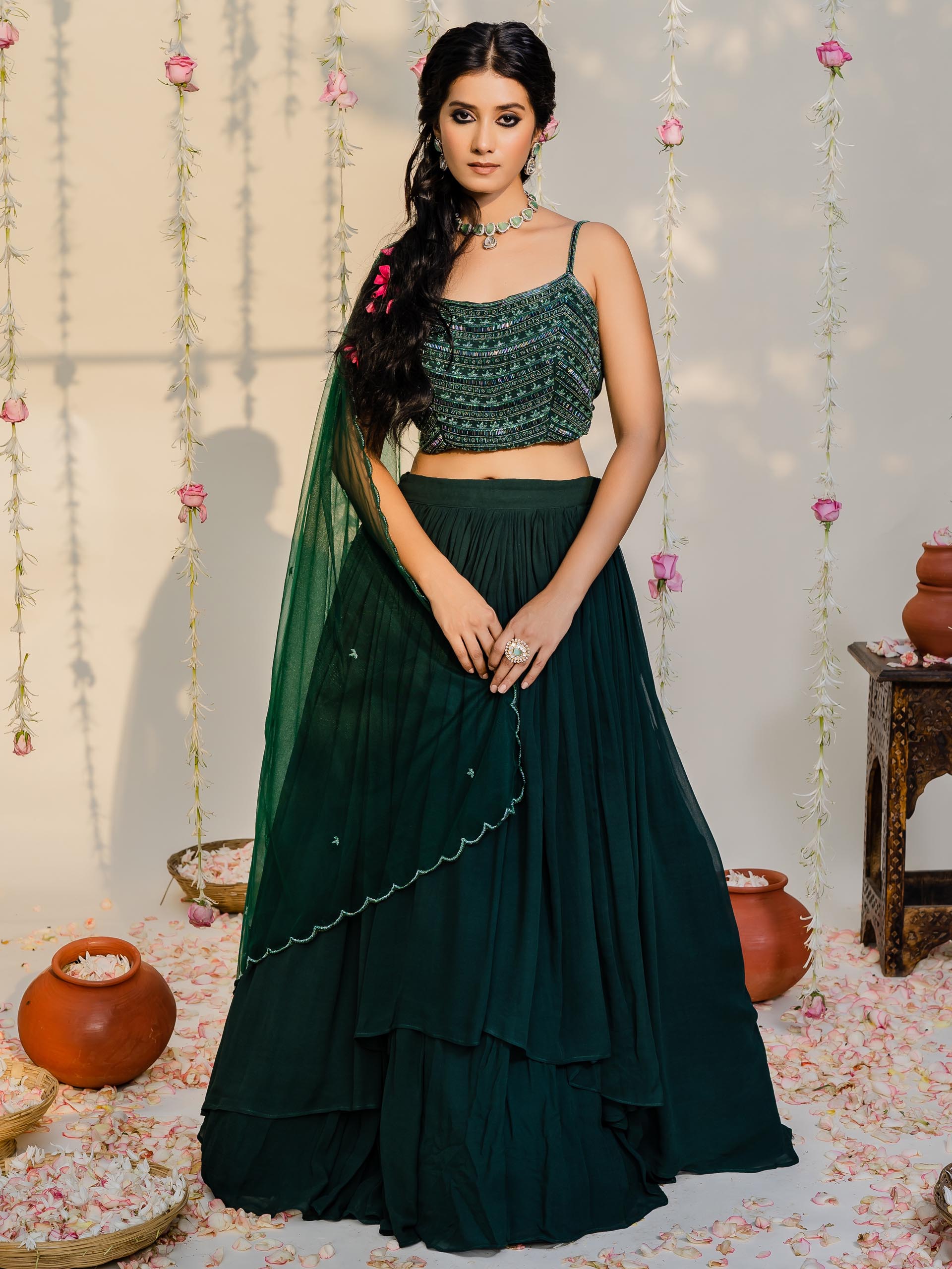 Bottle Green High-Low Lehenga Set image 0