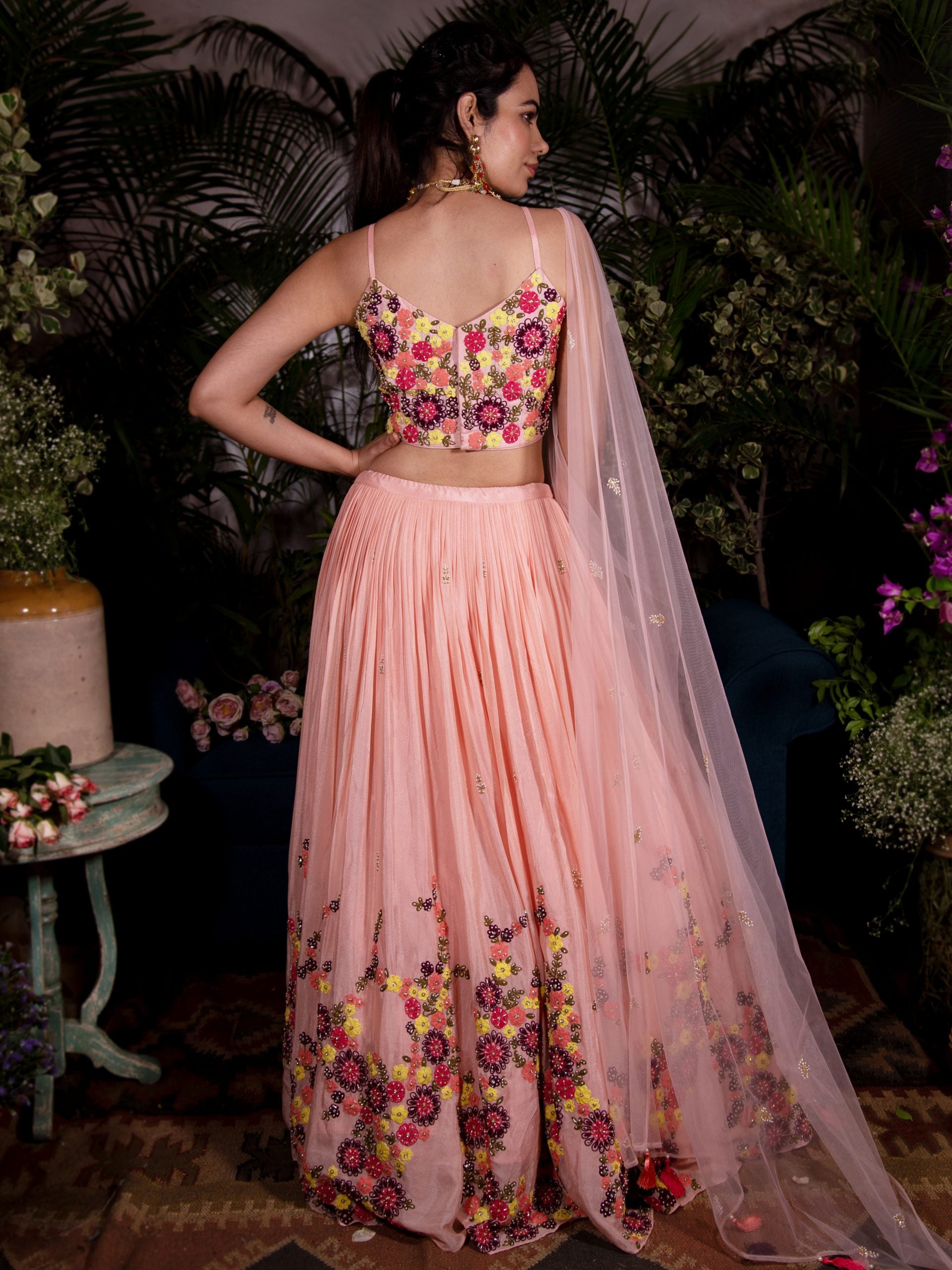 Peach Floral Embroidered Lehenga image 1