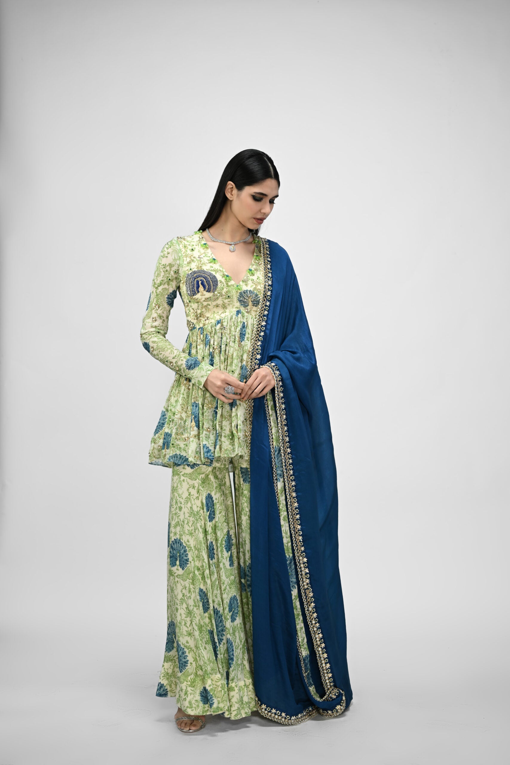 Peacock Highlighted Peplum Kurta Paired with Peacock Sharara Pants With Embroidered Dupatta image 1