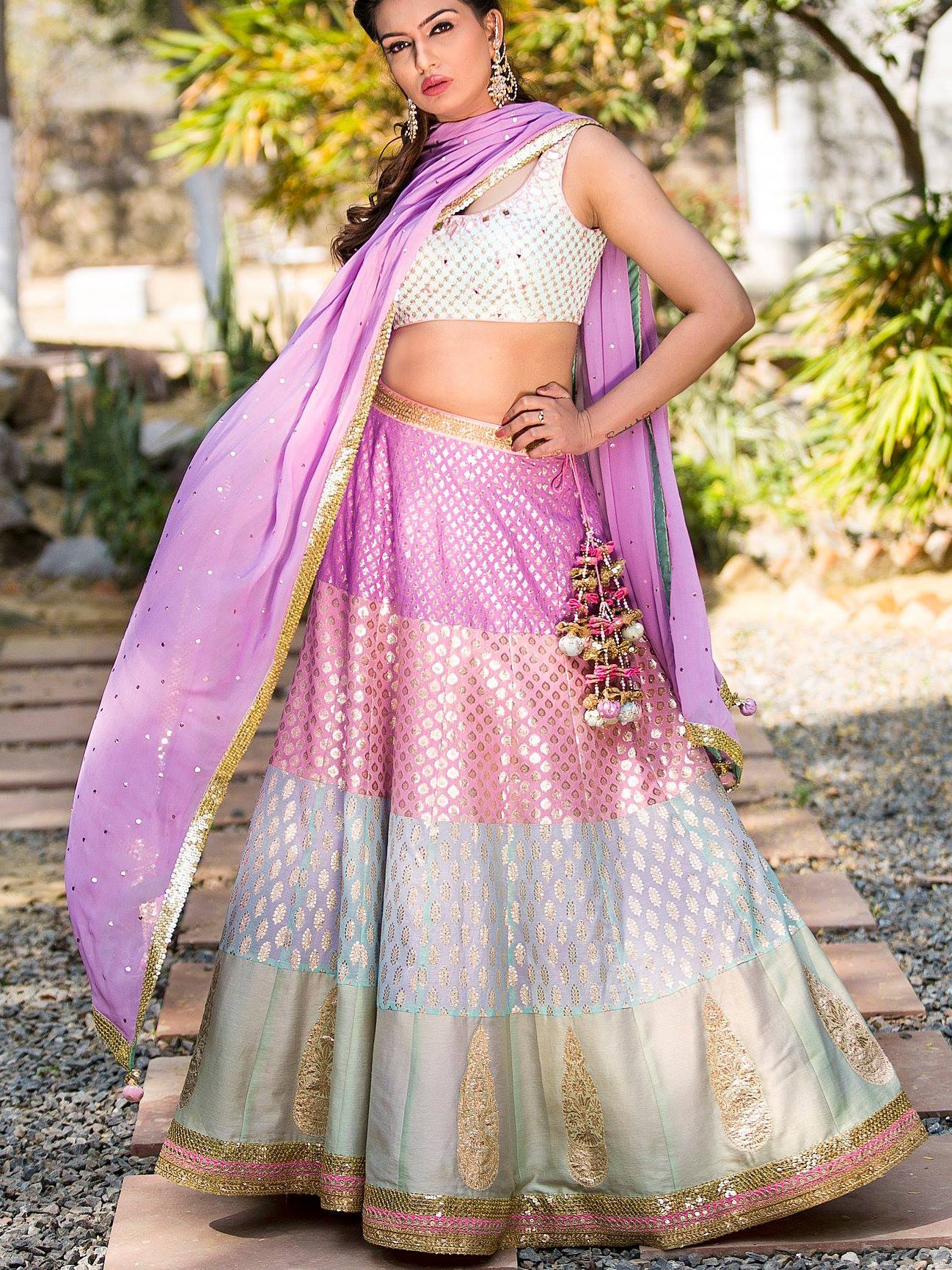 Pastel Panelled Lehenga with Mirror Work and Sequins Choli Set image 0