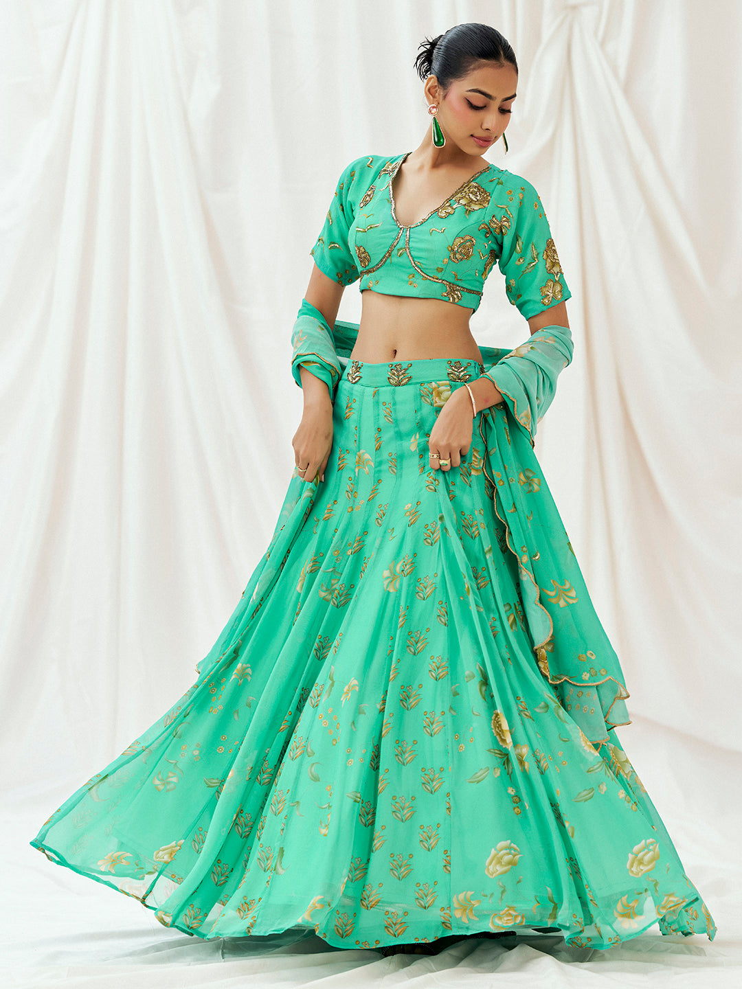 Turquoise Blue Printed Embroidered Lehenga Set with Dupatta image 2