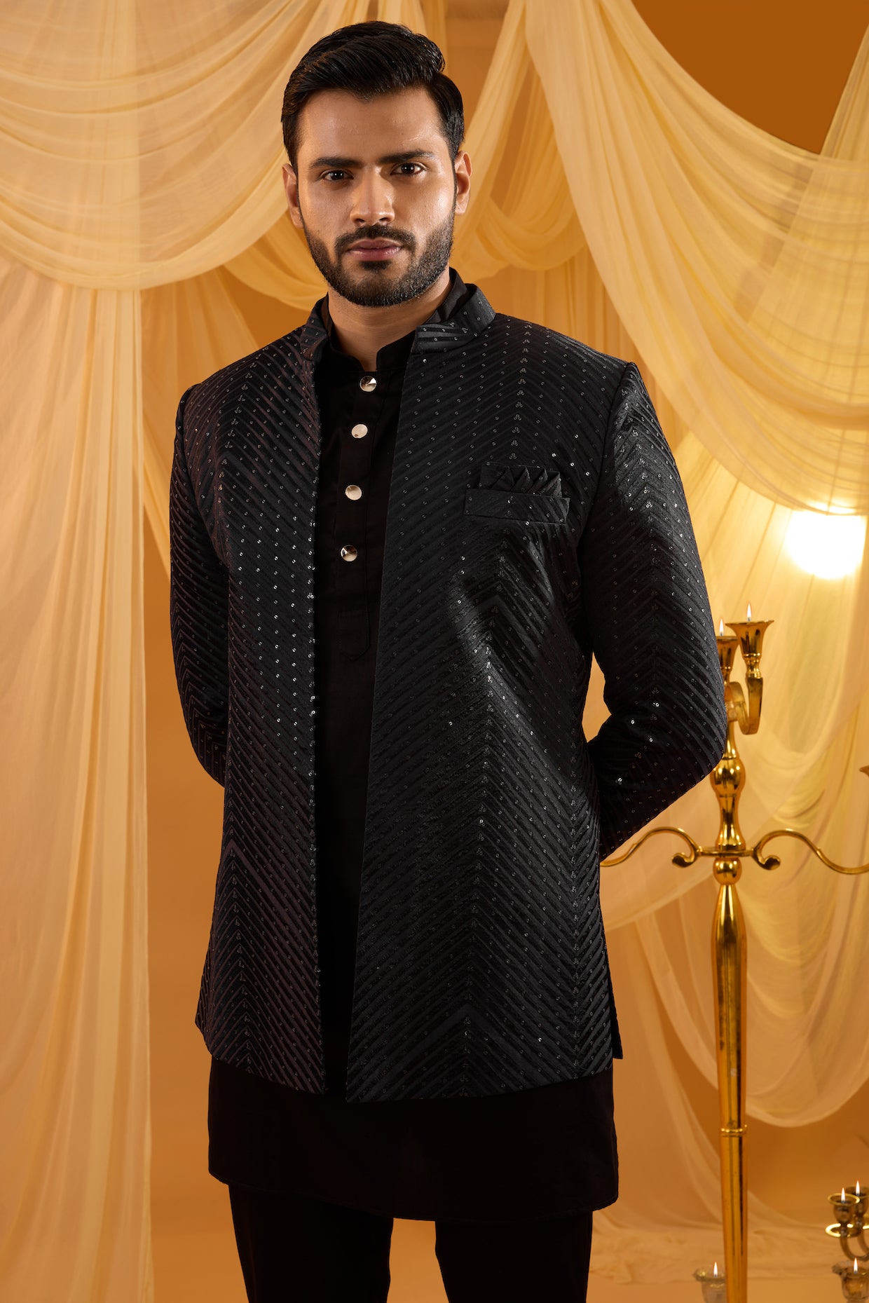 Black Embroidered Indo Western Set image 1
