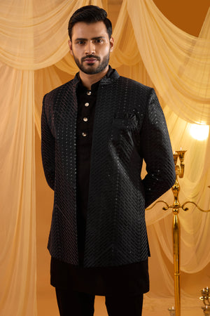 Black Embroidered Indo Western Set image 1