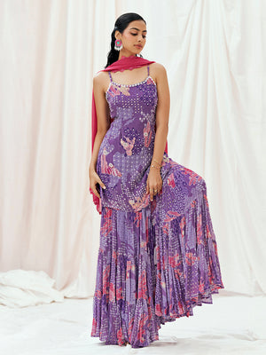 Violet Printed Embroidered Sharara Suit Set with Dupatta - XL image