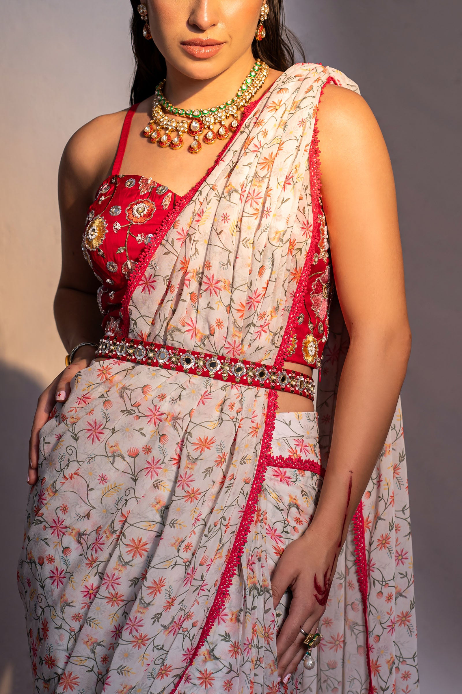 Ivory Printed And Embroidered Drape Saree Set image 2