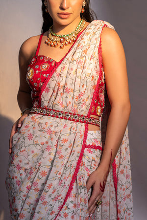 Ivory Printed And Embroidered Drape Saree Set image 2