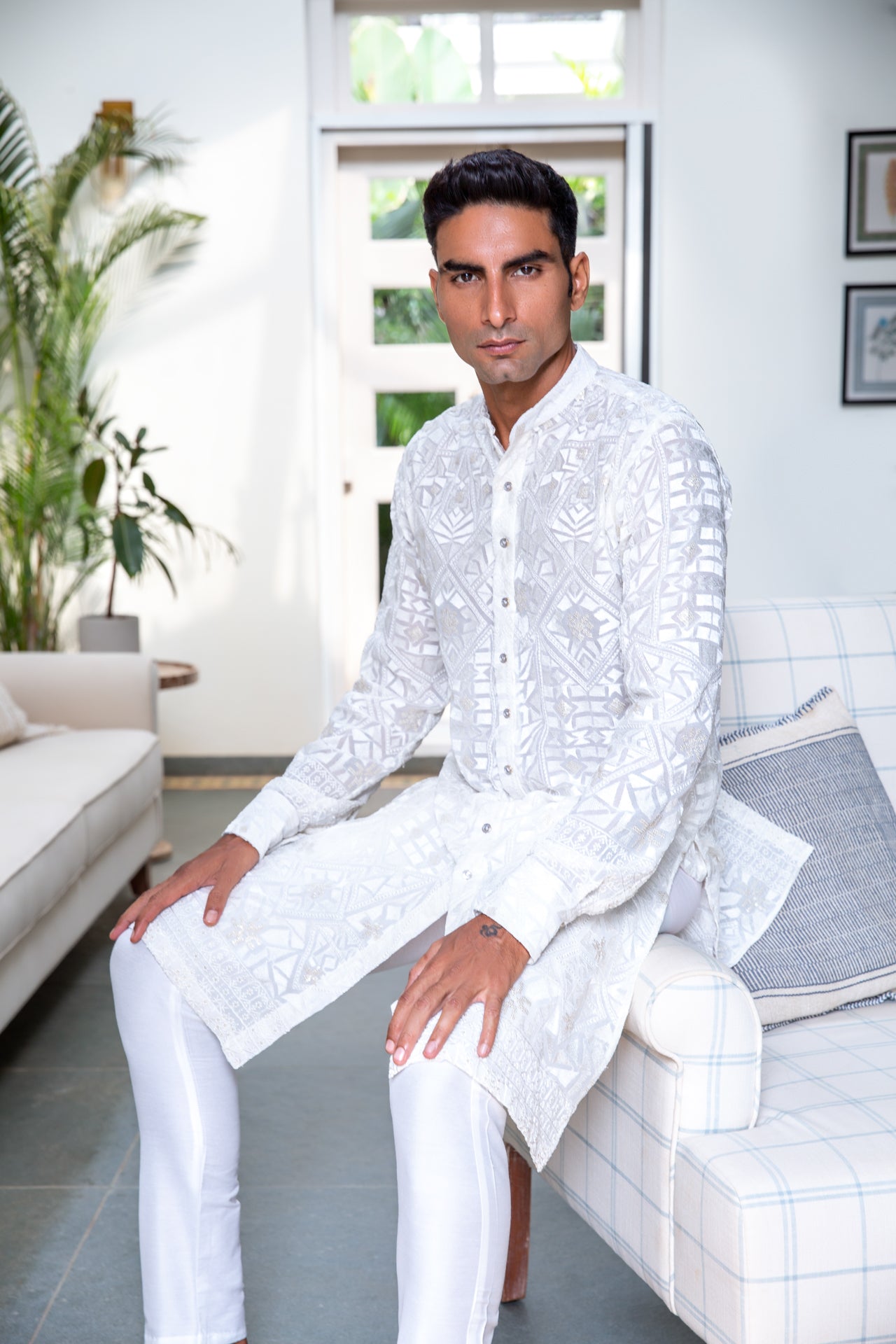 White Lucknowi Shirt Kurta Set image 2