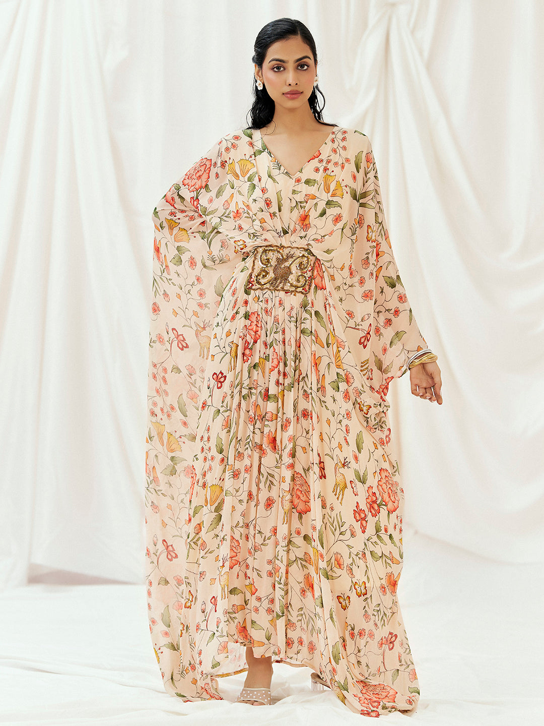 Floral White Printed Embroidered Kaftan image 0