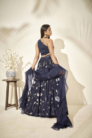Navy Blue Floral Lehenga image 1