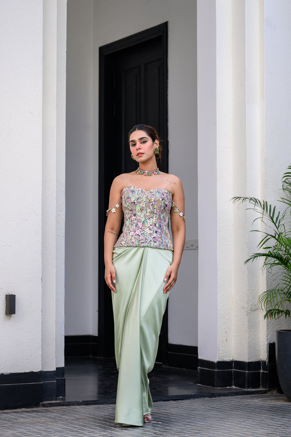 Eden Textudawn Corset With Mirror Work Paidawn With Dhoti Skirt image 1