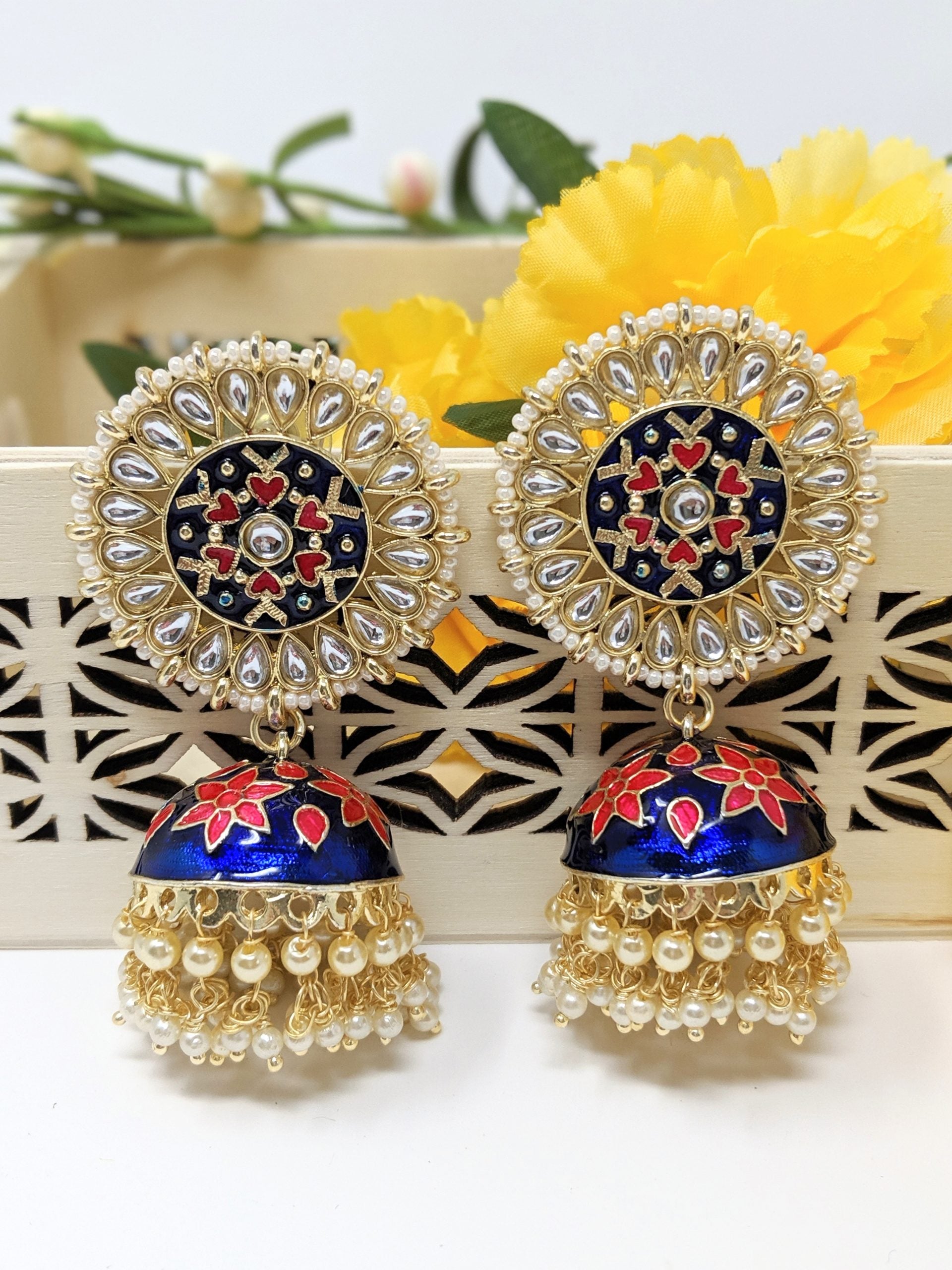 Meenakari Statement Jhumka - Blue image