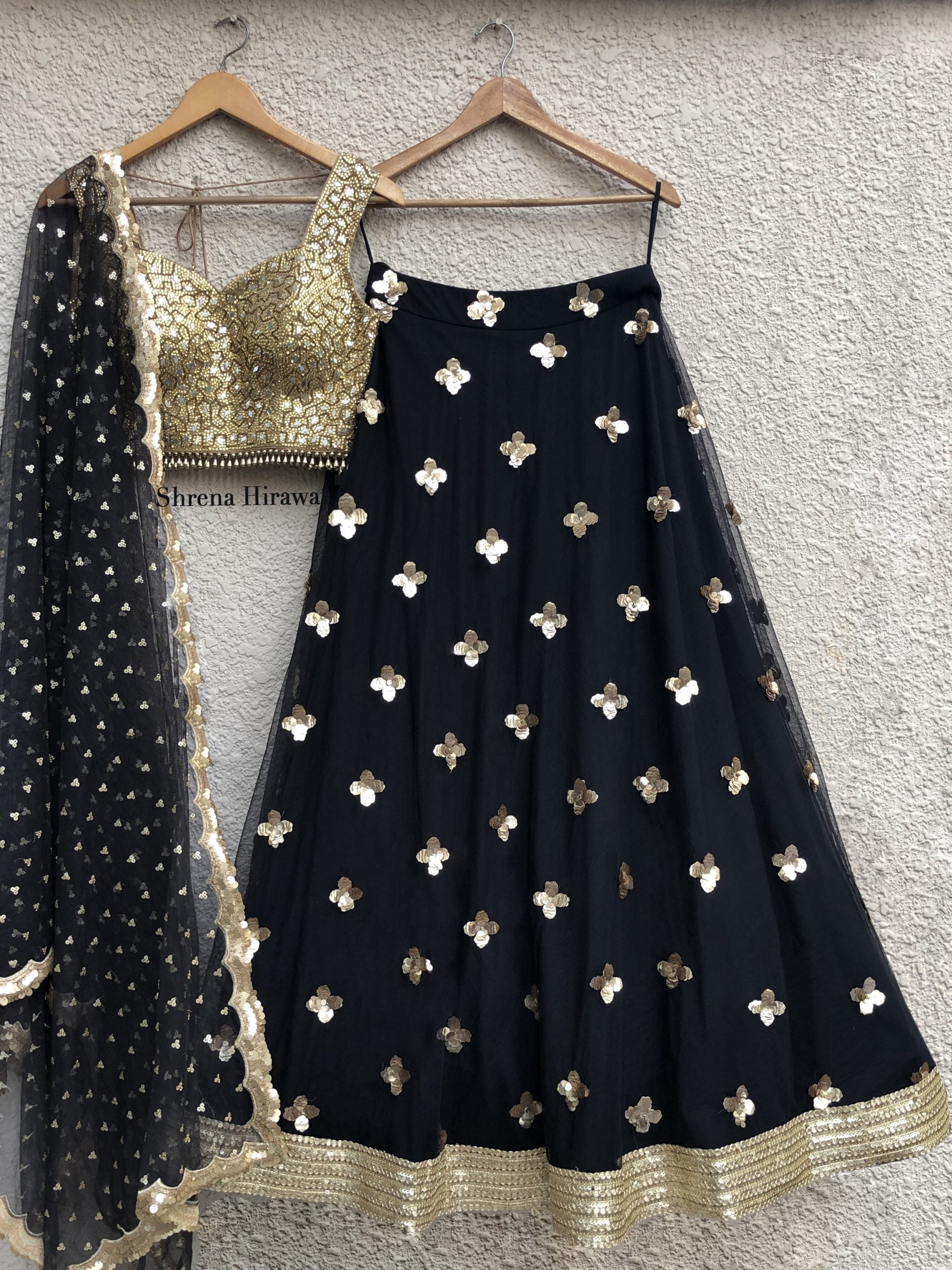 Gold Handmade Mirror Work Blouse with Black Gold Lehenga - Custom image