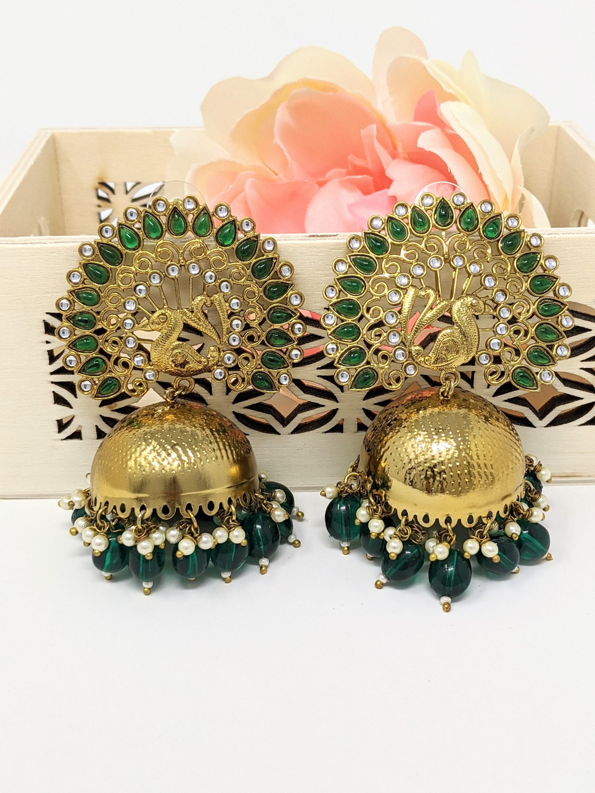 Peacock Jhumki Earrings - Green image
