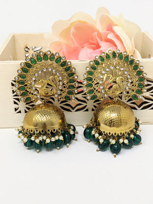 Peacock Jhumki Earrings - Green image