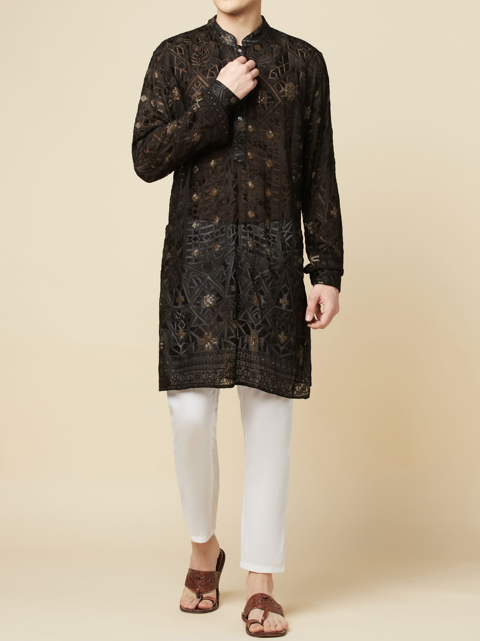 Black Lucknowi Embroidered Kurta Set image 7