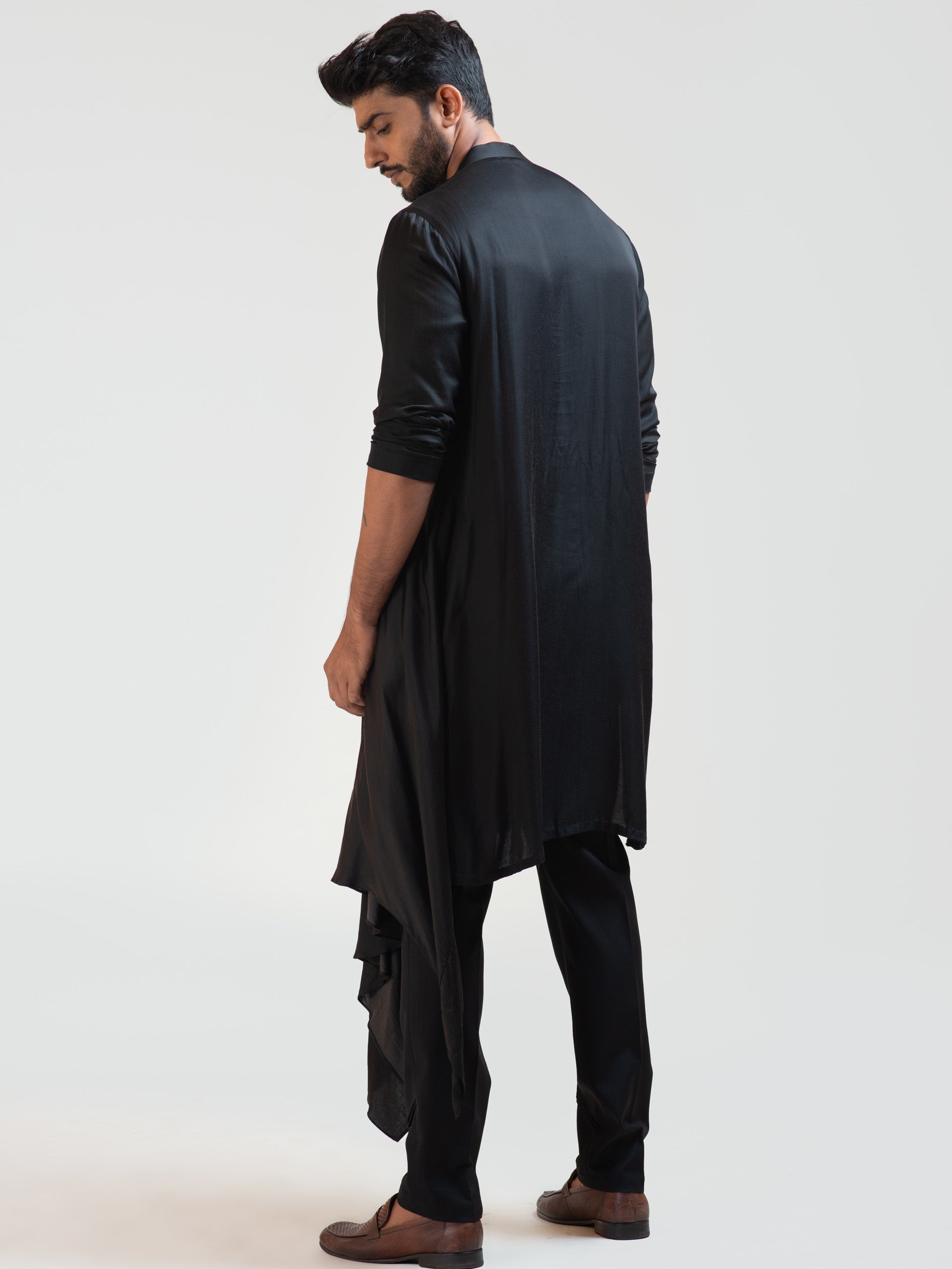 Black Long Drape Kurta Set image 3