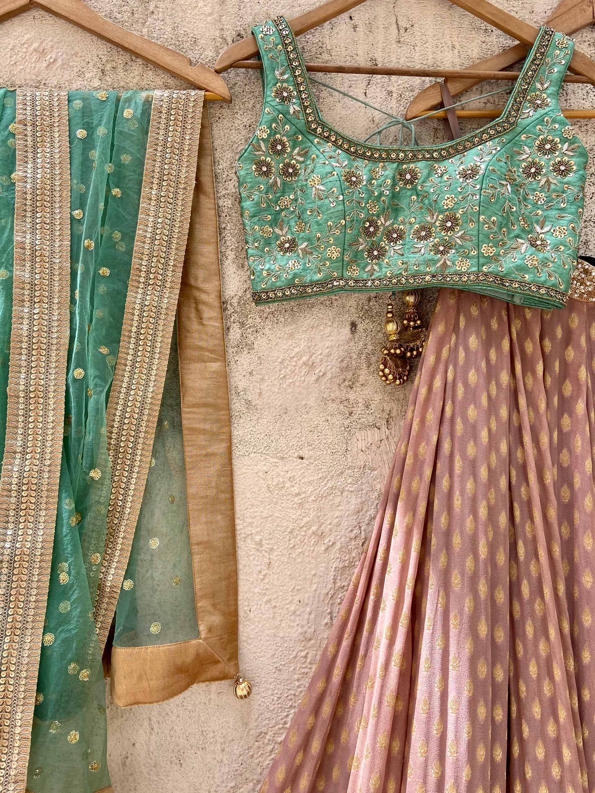 Chestnut Brown and Jade Green Zari Lehenga Set image 1