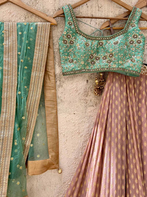 Chestnut Brown and Jade Green Zari Lehenga Set image 1