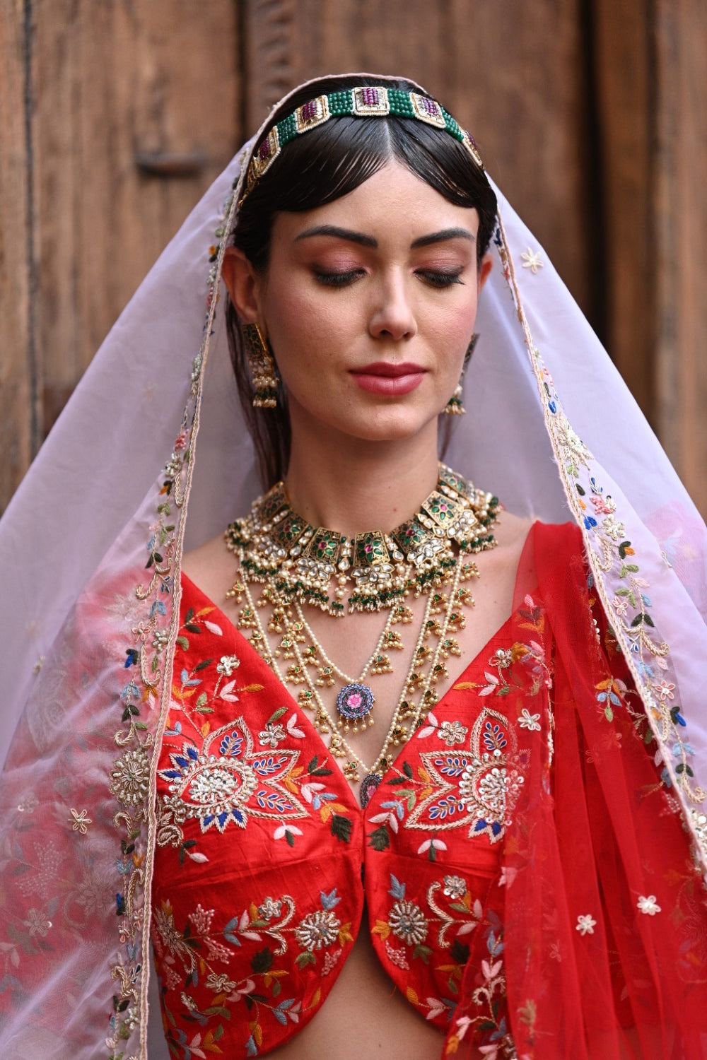Red Peacock Embroidered Bridal Lehenga Set image 3