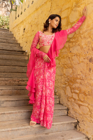 Pink Floral Embroidered Georgette Saree image 3