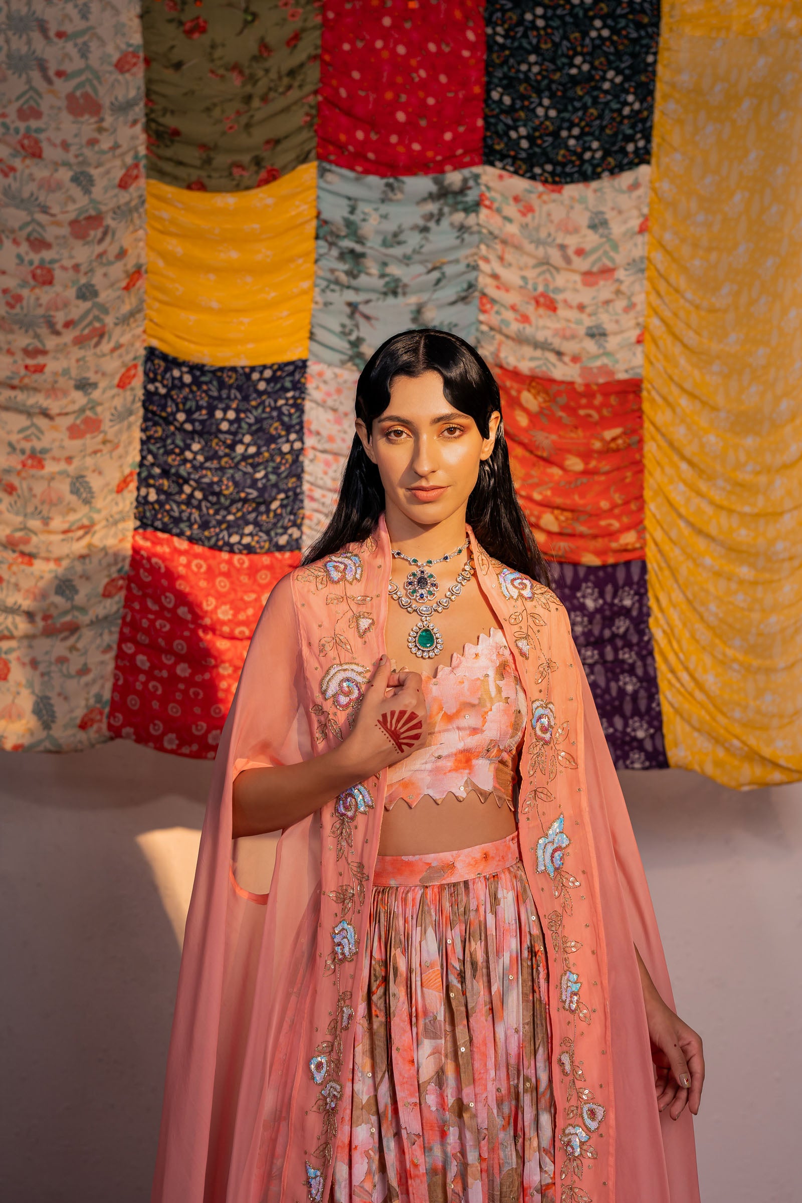 Coral Pink Embroidered And Printed Lehenga Set image 1