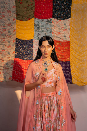 Coral Pink Embroidered And Printed Lehenga Set image 1