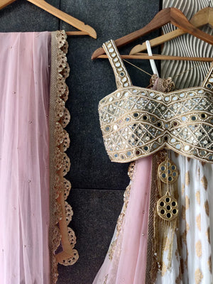 Ivory and Mirror Bustier with Ivory and Blush Pink Lehenga image 2