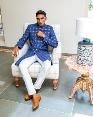 Navy Embroidered Sherwani Set image 1