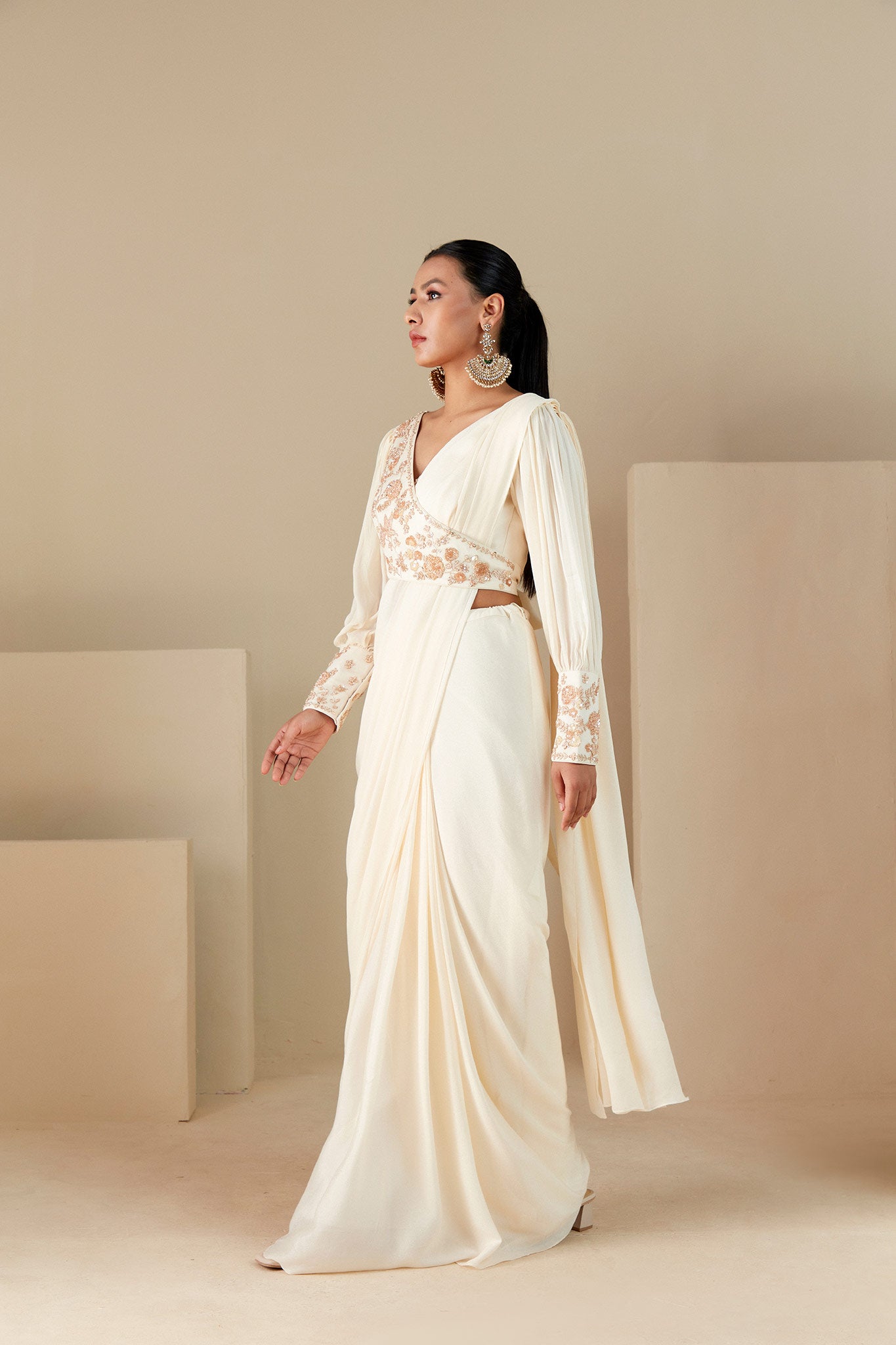 Off-White Ruffle Saree image 4