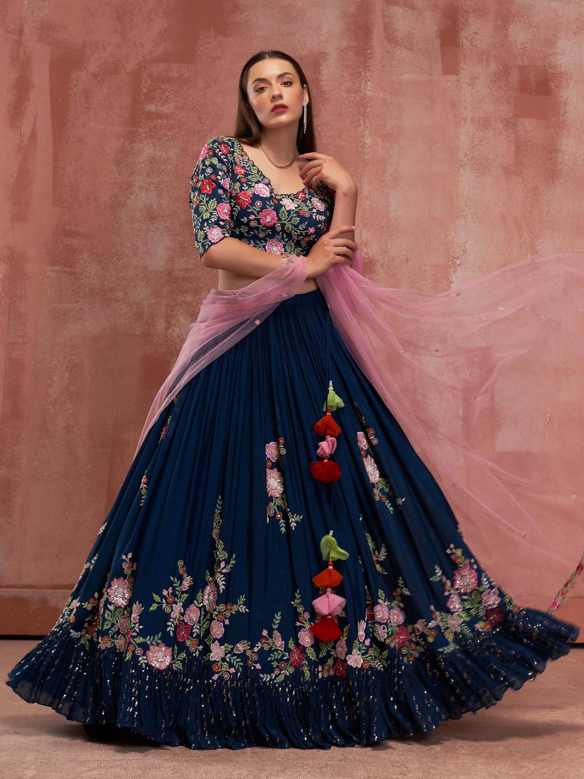 Peacock Blue Floral Lehenga Set image 2