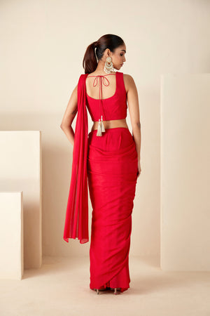 Red Pre-Drape Saree Ensemble image 1