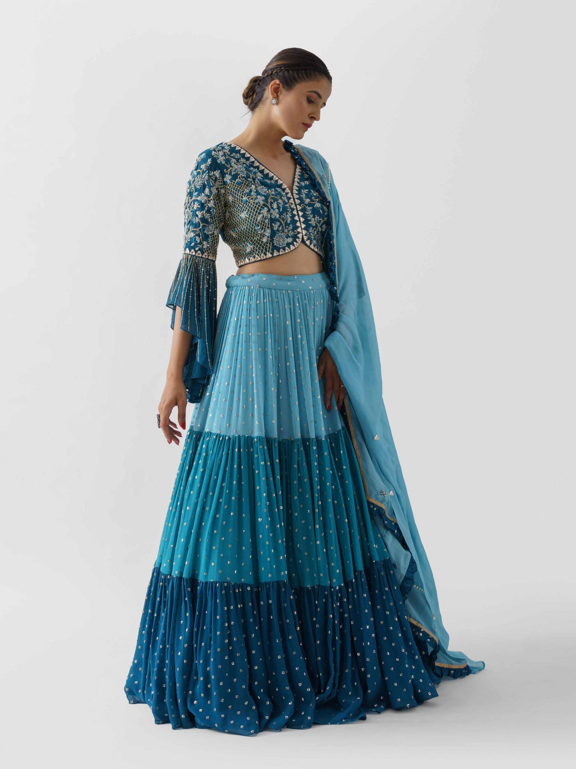 Blue Three Layered Lehenga Paired With Blouse And Dupatta - XL image