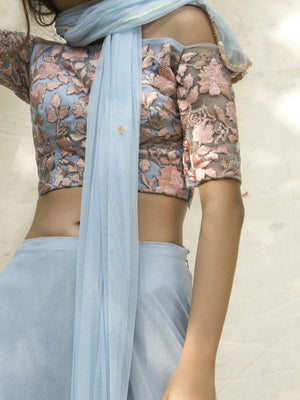 Blue Lehenga with Embroidered Off-Shoulder Blouse image 1