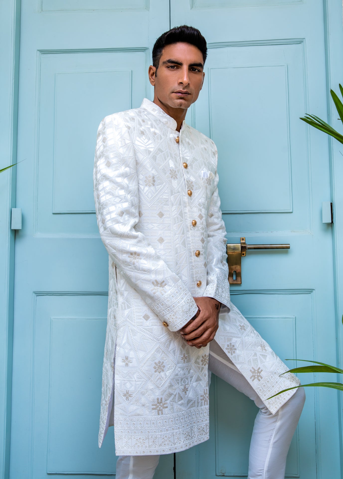 White Lucknowi Embroidered Sherwani Set image 2