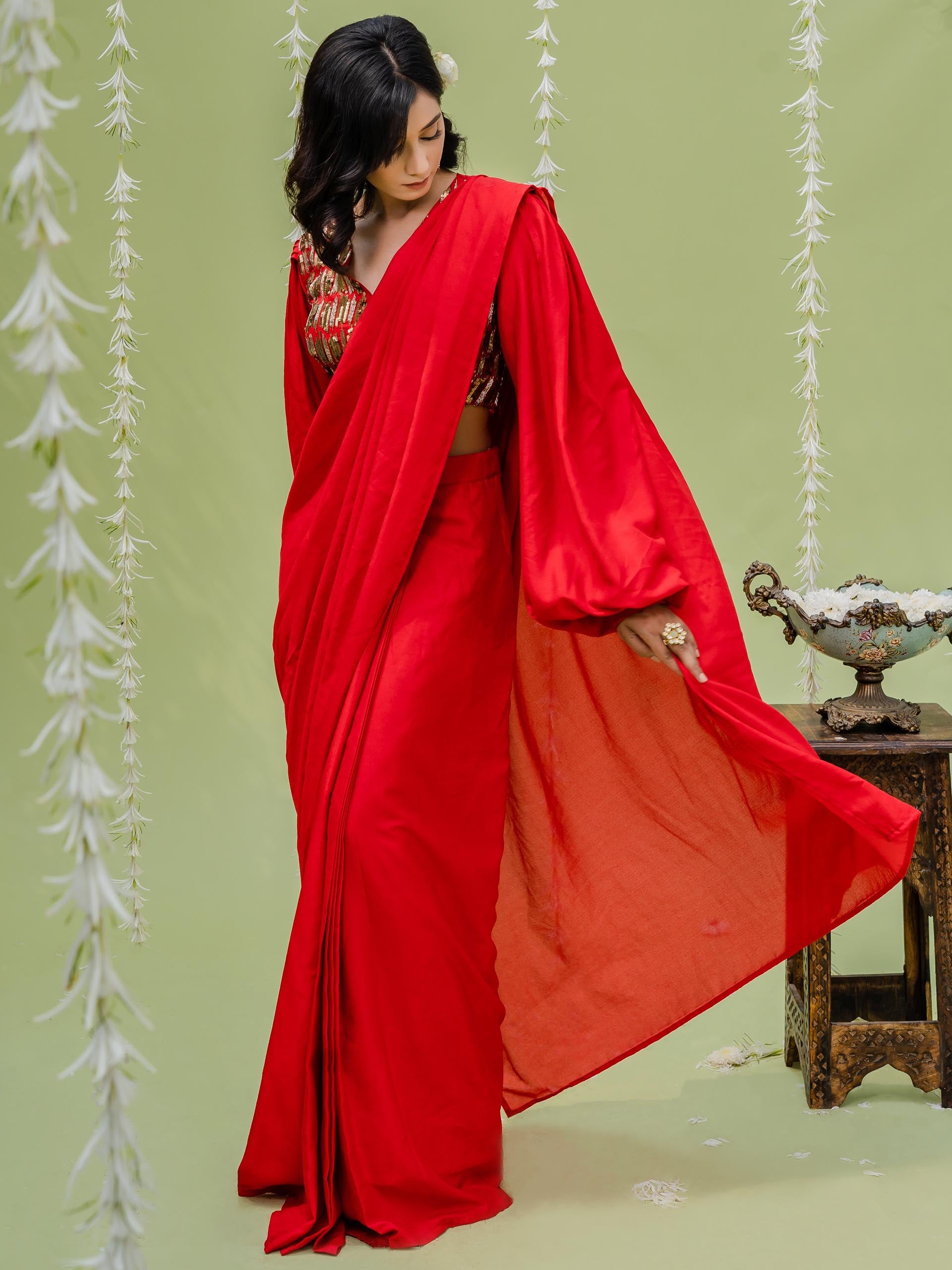 Cherry Red Floral Printed Pre-Stitched Saree Set - M image