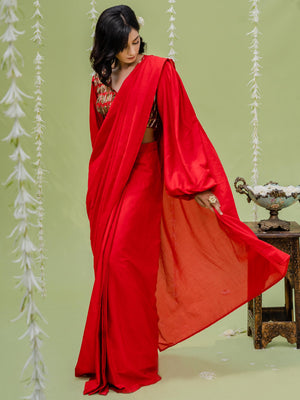 Cherry Red Floral Printed Pre-Stitched Saree Set - M image