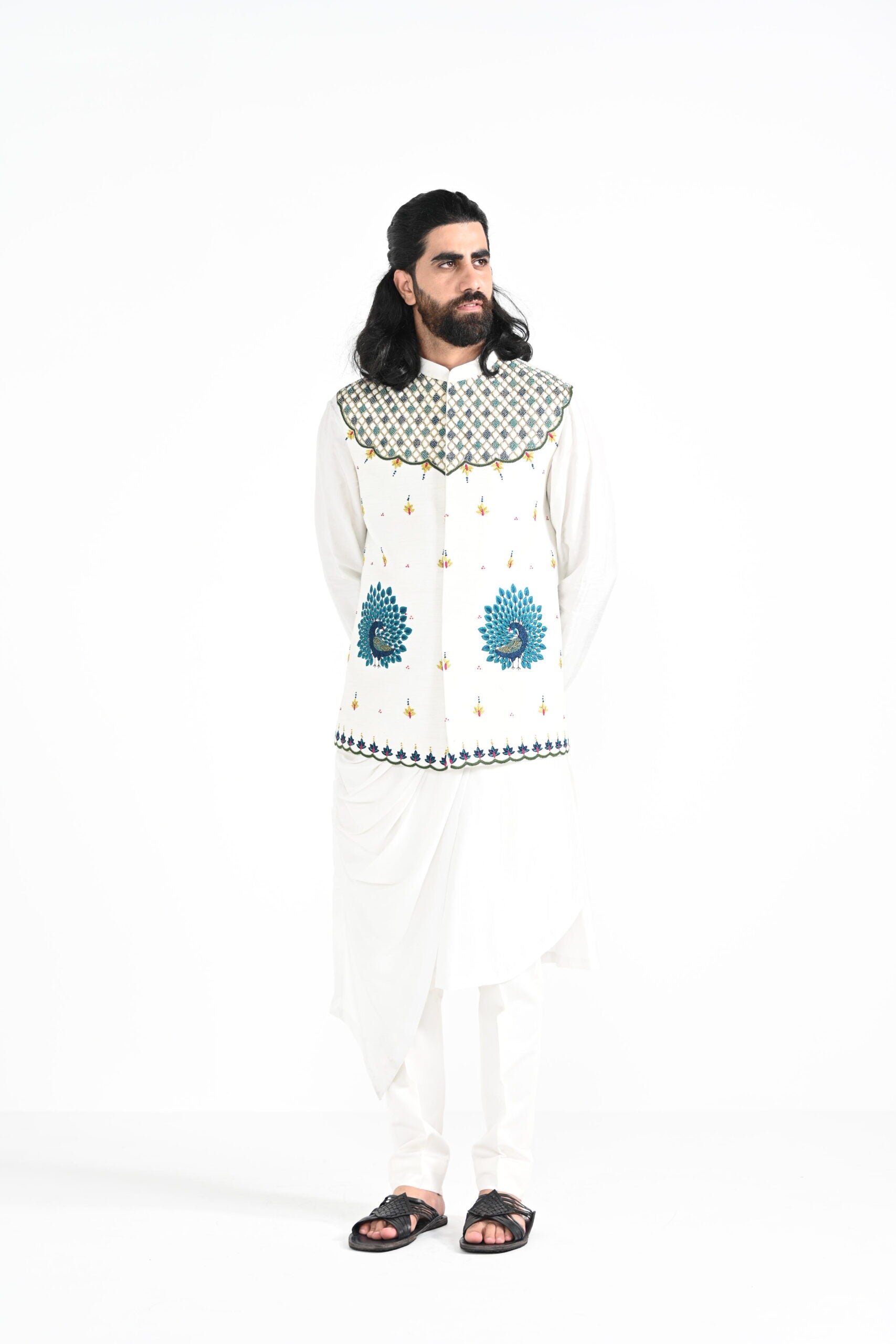 Rajasthani Peacock Work Nehru With a Drape Kurta Set image 2
