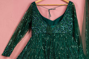 Dark Green Shimmer Anarkali Lehenga Set image 2